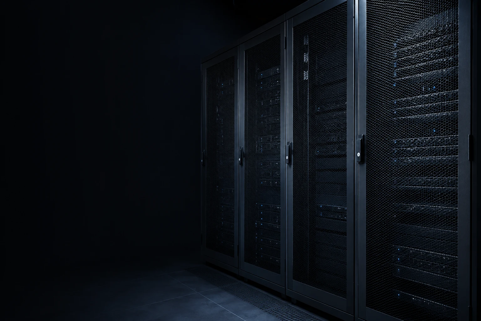 Illustrative graphite server racks with subtle blue lighting